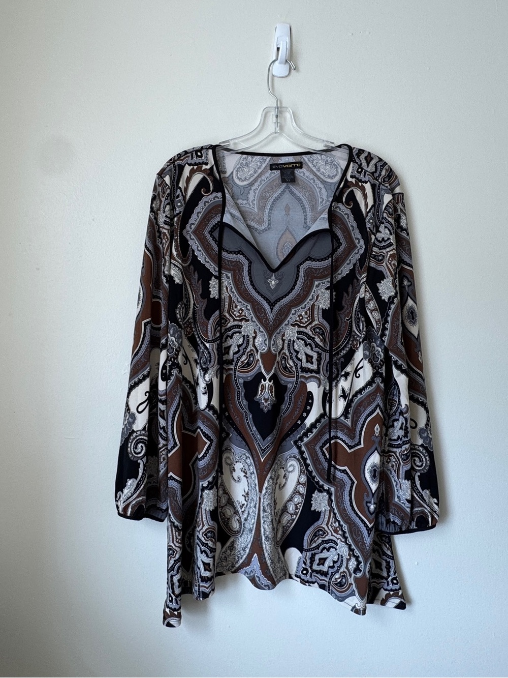 EvoVarto Paisley Print V-Neck Tunic Top XL Brown Black Gray